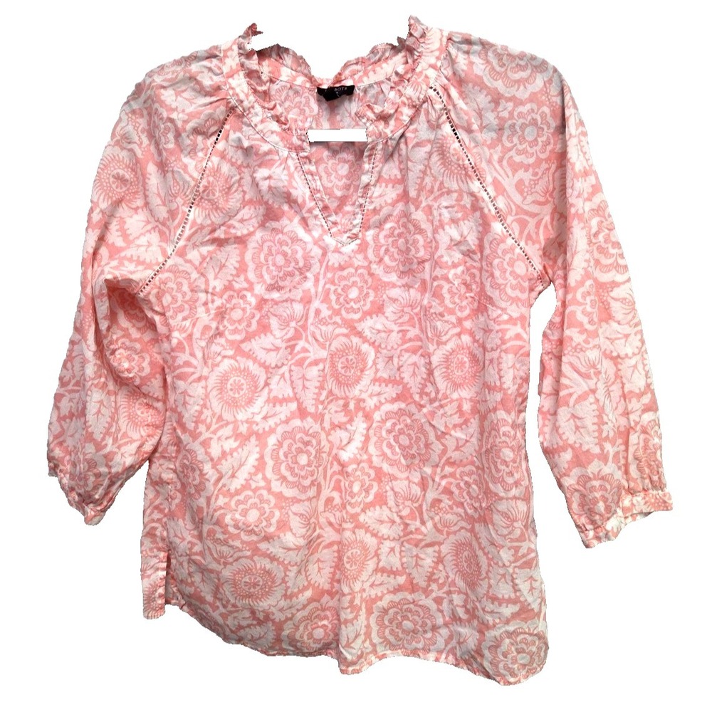 Talbots Sm Petite Pink Floral‎ Shirt 100% Cotton Long Sleeves Ruffle V Neck